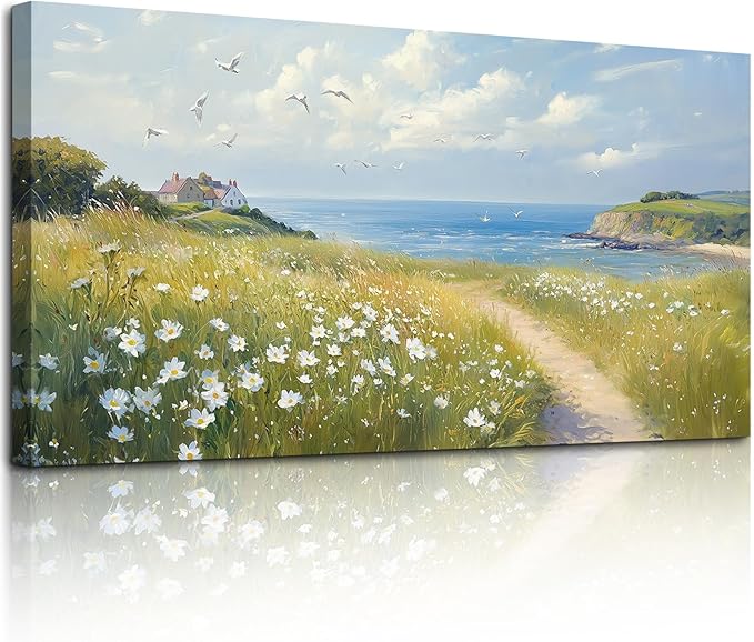 SERIMINO Seaside Nature Large Wall Art, Coastal Landscape Big Canvas Prints, Meadow Wildflowers Pictures Wall Decor, Sunny Scenery Home Decorations for Living Room Bedroom Farmhouse Cottage 29"X57"