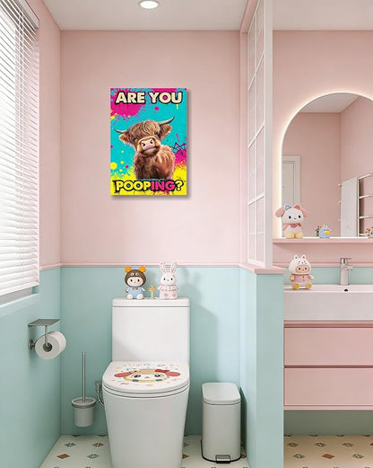 Funny Highland Cow Bathroom Canvas Wall Art Prints, Are You Pooping Sign, Colorful Pop Art Toilet Poster for Washroom, Graffiti Humorous Restroom Wall Decor, 12x16 Inch Framed Painting Ready to Hang