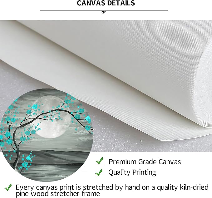 iKNOW FOTO 3pcs Grey and Teal Floral Canvas Prints Framed Plum Blossom Tree Oil Painting Printed on Canvas Gallery Wrapped Full Moon Flower Pictures Living Room Traditional Paintings 16x24x3pcs