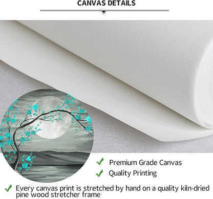iKNOW FOTO 3pcs Grey and Teal Floral Canvas Prints Framed Plum Blossom Tree Oil Painting Printed on Canvas Gallery Wrapped Full Moon Flower Pictures Living Room Traditional Paintings 16x24x3pcs