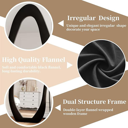 Full Length Mirror, 63"x24" Full Body Mirrors, Flannel Floor Mirrors with Stand, Irregular Wavy Mirror Hanging or Leaning Against Wall for Bedroom Living Room, Black