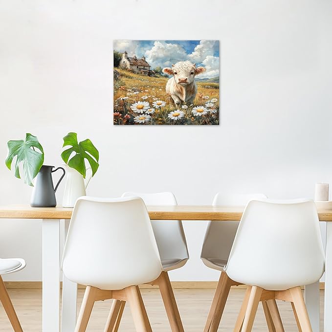 LB Rustic Farmhouse Cow Wall Art Vintage Floral Daisy and Green Plant Tree Canvas Wall Art Blue Sky White Cloud Wall Decor for Living Room Bedroom Bathroom Office Framed Ready to Hang 16L x 20W