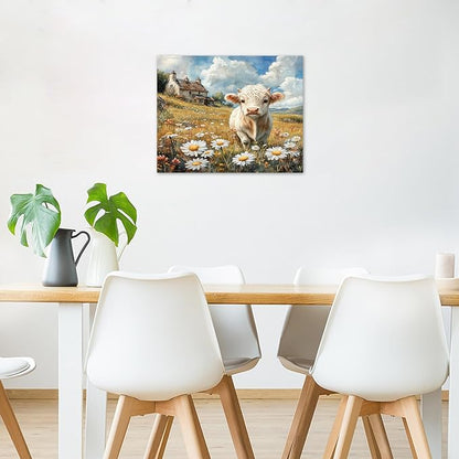 LB Rustic Farmhouse Cow Wall Art Vintage Wildflower Daisy with Green Tree Canvas Wall Art Blue Sky White Cloud Wall Decor for Living Room Bedroom Bathroom Office Framed Ready to Hang 8L x 10W