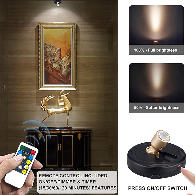 HAMVIDNE LED Spotlight, Battery Powered Picture Lights, Uplighting Indoor, Puck Lights with Remote, Stick Spot Light for Wall Art Display Dartboard Painting Artwork Accent Closet-4Pack