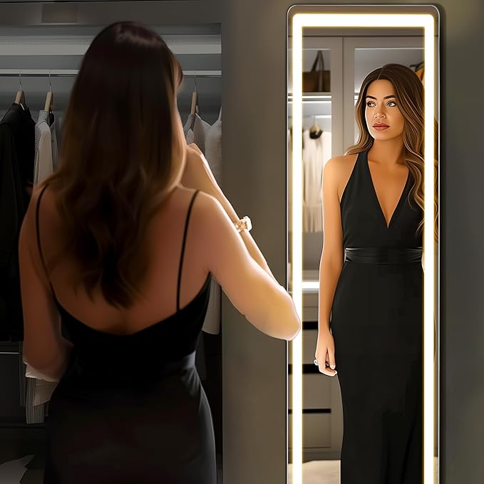 DUMOS LED Mirror Full Length with Stand, 16"×60" Full Body Wall Mirror with LED Lights 3 Color Lighting, Hanging or Leaning, Floor Standing, Modern Simple Home Wall Decor