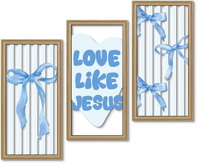 Putuo Decor Blue Bow Wall Decor, Light Blue Coquette Wall Decor Set of 3,Inspirational Bible Verses Decoration, Christian Wall Art for Living Room Bedroom Church Classroom