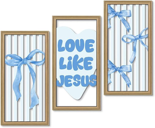 Putuo Decor Blue Bow Wall Decor, Light Blue Coquette Wall Decor Set of 3,Inspirational Bible Verses Decoration, Christian Wall Art for Living Room Bedroom Church Classroom