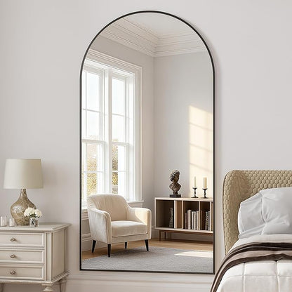 Full Length Mirror, 78"x35" Arched Full Body Mirrors, Large Floor Mirror with Stand, Hanging Mounted for Bedroom Living Room Cloakroom, Aluminum Alloy Frame, Black