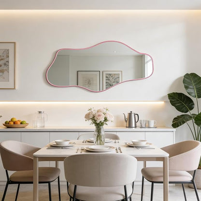 Large Irregular Mirror, 63"x30" Asymmetrical Tempered Glass Mirror Full Length, Pink Organic Frameless Wall Mirrors for Living Room Bedroom Hallway Entryway, Horizontal or Vertical Hanging