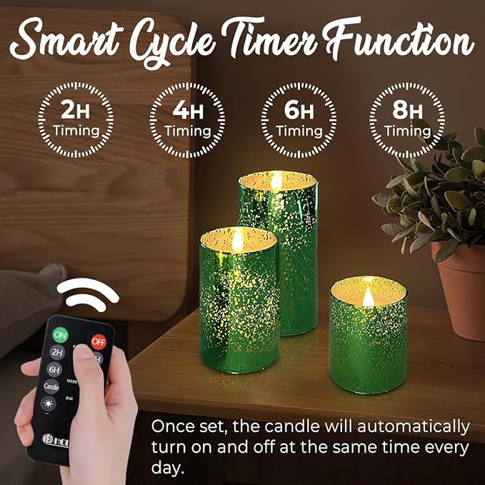 LEDHOLYT Rechargeable Flameless Candle, Flickering LED Pillar Glass Fake Candle with Remote and Timer, Built-in Battery Real Wax Electronic Candle for Room Decoration, Set of 3