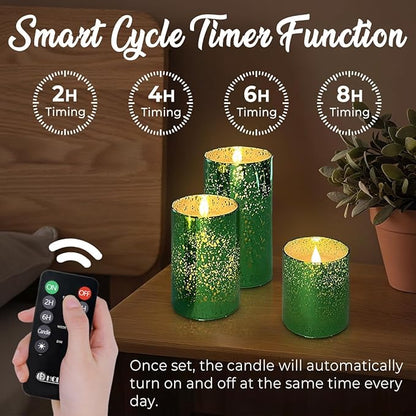 LEDHOLYT Rechargeable Flameless Candle, Flickering LED Pillar Glass Fake Candle with Remote and Timer, Built-in Battery Real Wax Electronic Candle for Room Decoration, Set of 3