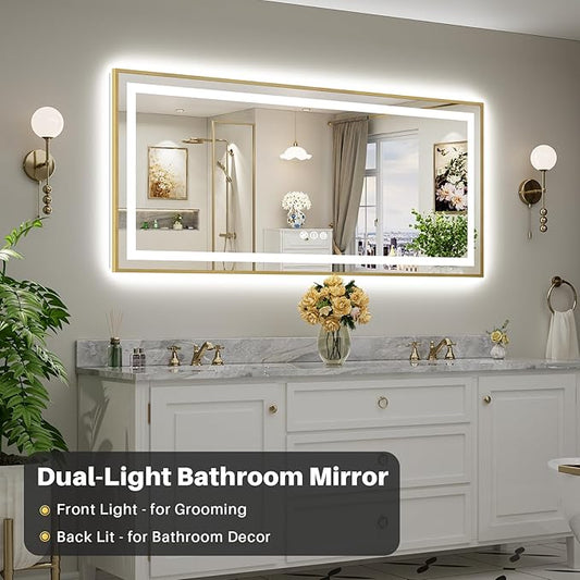 72x32 Inch LED Bathroom Mirror with Gold Frame, Backlit & Front Lit, Lighted Wall Mirrors for Bathroom Vanity, Touch Screen Dimmable, Anti-Fog, Memory Function, HD Tempered Glass, Shatter-Proof