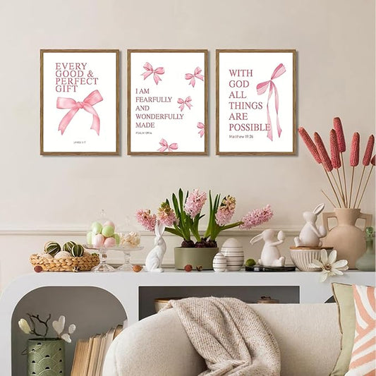 JBZDD Wood Coquette Pink Bow Canvas Wall Art Set of 3, Inspirational Bible Verses Decor Posters Pictures Prints Aesthetic for Girls Room College Apartment Living Room Bedroom Framed 12x16 Inch