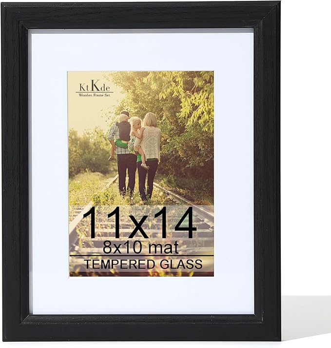 KTKDE 11x14 Picture Frame Real Glass, Display Pictures 8x10 with Mat or 11x14 Without Mat, Modern Style Wood Composite Frame,Gallery Wall Frame Wooden Black ，best gift