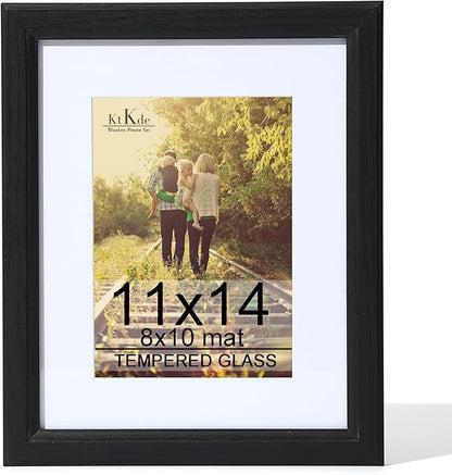 KTKDE 11x14 Picture Frame Real Glass, Display Pictures 8x10 with Mat or 11x14 Without Mat, Modern Style Wood Composite Frame,Gallery Wall Frame Wooden Black ，best gift