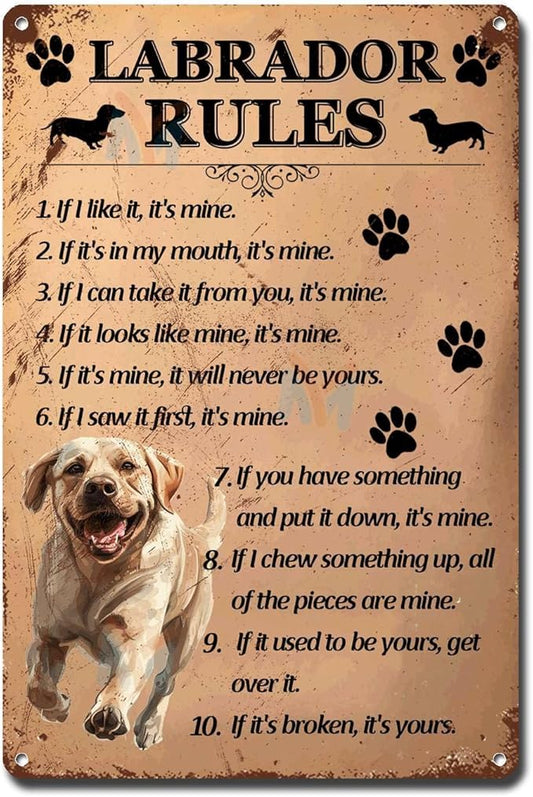 Metal Sign Tin Sign Vintage Wall Art Labrador Rules Home Decor for Restaurant 12×16 Inches