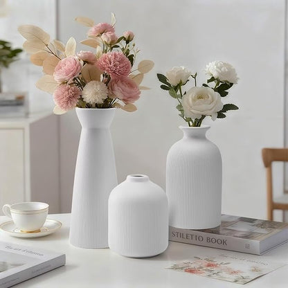 White Ceramic Flower Vases Set of 3, Valentine's Day Gift Vases with Vertical Stripe Texture, Modern Decorative Vases for Dried Flowers, Home Decor Vase for Living Room Bedroom Kitchen Shelf