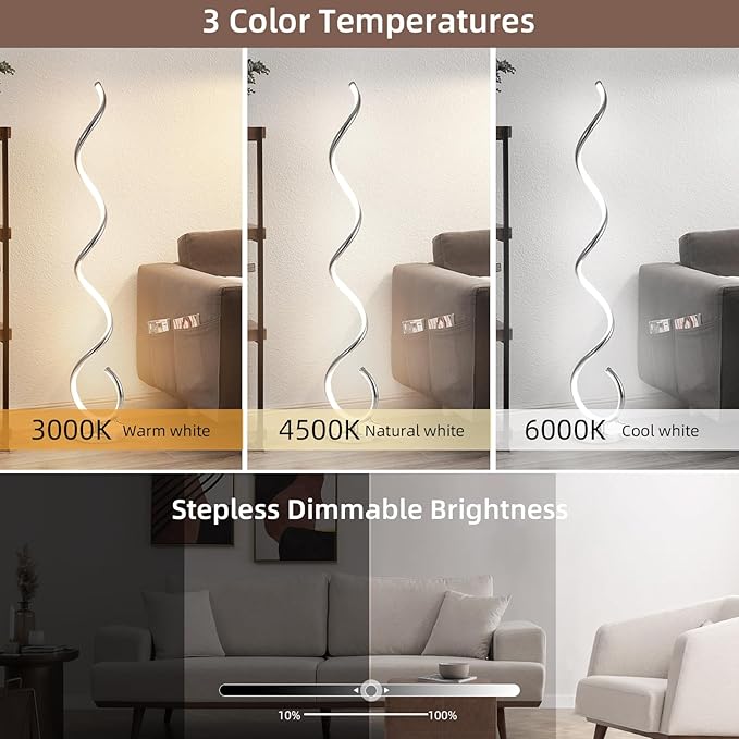 EIDISUNY Modern Floor Lamp for Living Room, 3 Color Temperature LED Spiral Floor Lamps with Remote&Foot Switch, 48W Dimmable LED Standing Lamp for Bedroom, Office
