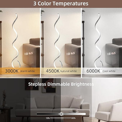 EIDISUNY Modern Floor Lamp for Living Room, 3 Color Temperature LED Spiral Floor Lamps with Remote&Foot Switch, 48W Dimmable LED Standing Lamp for Bedroom, Office