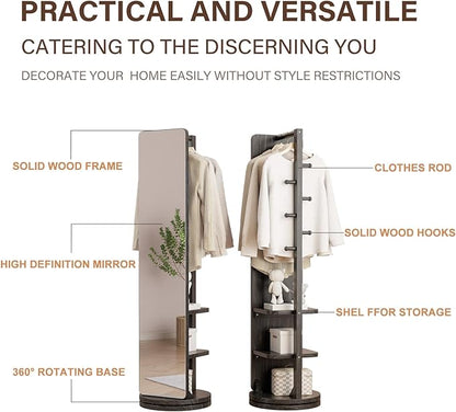 WoodsWhisper Full Length Mirror Coat Rack Solid Wood Floor Mirror 66"x12" Full Length Mirror with Stand Long Mirrors for Bedroom,Living Room (Black, 66" Lx12 W)