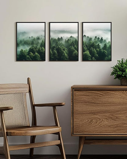 PHOPAGO Green Fog Pine Tree Framed Wall Art Nature Misty Nordic Forests Artwork Morden Paints Bedroom Living Room Home Decor - 11x14in Black Framed