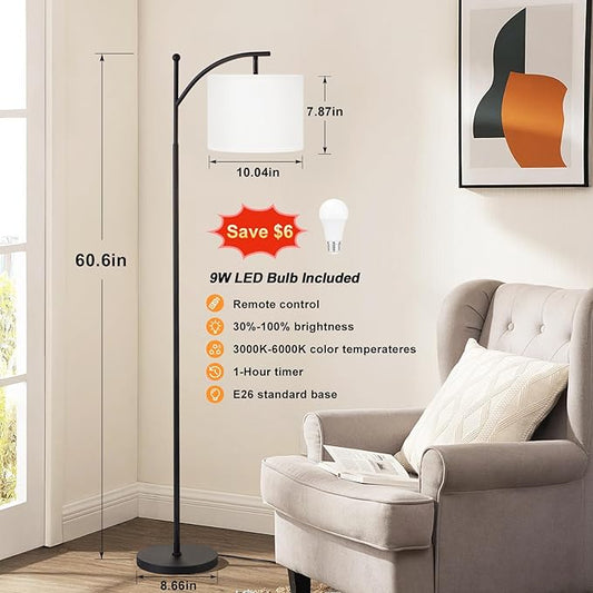 Ambimall 60" Floor Lamp with Remote Control and Stepless Dimmable Bulb, Colors Temperature & Brightness Adjustable, Modern Floor Lamps for Living Room, White Shade & Black Pole
