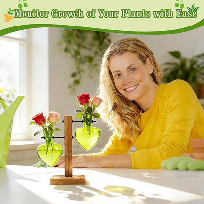 XXXFLOWER Plant Terrarium Propagation Station, Gifts for Mom Daughter Wife Plant Lover, Hydroponic Planter Bulb for Home Office Garden Decoration - 2 Green Love Bulb Vase with Wooden Stand