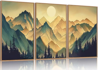 Mountains Forests Framed Canvas Wall Art Set, Abstract Woodland Painting, Boho Scenery Sun Wall Decor, Natural Woodgrain Art Print for Living Room, Bedroom, Dining Room, Office - 24"x36"x3