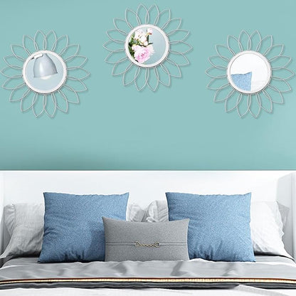 3 Pack Metal Mirrors for Wall Sunburst Wall Mirrors Home Décor Decorative Hanging Wall Art for Living Room Bedroom Entryway (Silver, Flowers)