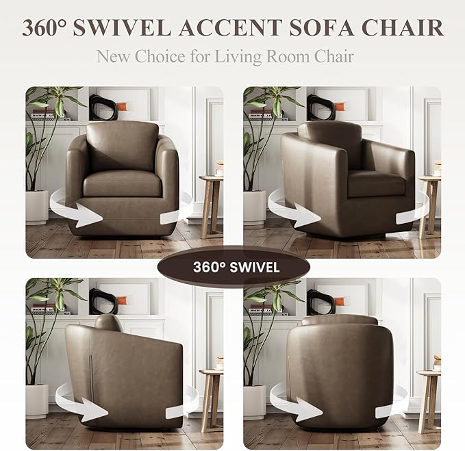 MALOL 360° Swivel Accent Chair- Comfy Living Room Armchair No-Sag Foam & Sturdy Metal Base with Pillow, Fully Assembled Swivel Accent Single Sofa for Bedroom, Office, Wolf Grey