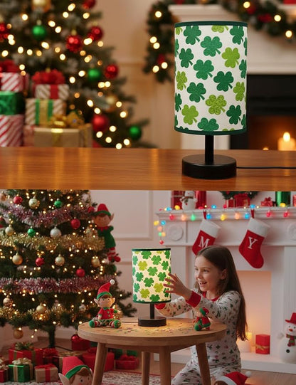 Green Desk Lamp, Clover Bedroom Lamp 3-Color Small Linen Desk Lamp, 10 x 5.12 Inch with Integrated LED, Girls Bedroom Table Lamp - Lucky Shamrocks Gifts for Kids - Decor for Window Room Bedroom