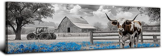 Highland Cow Wall Art Country Barn Truck Pictures for Living Room Western Wall Decor Meadow Scenery Canvas Painting Black and White Poster Prints Artwork Farmhouse Kitchen Decorations 14x48"