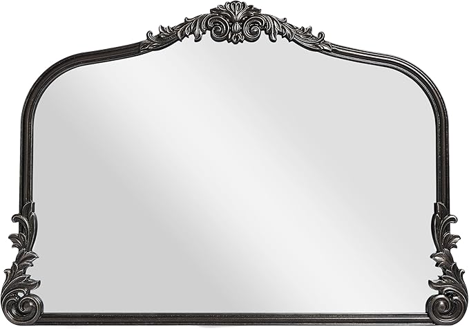 Wylde Iris English Estate Carved Arch Wood Wall Mirror, Mirror for Entryway, Living Room, Bathroom, Distressed Black, 26x37
