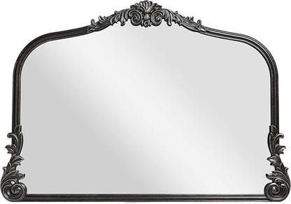 Wylde Iris English Estate Carved Arch Wood Wall Mirror, Mirror for Entryway, Living Room, Bathroom, Distressed Black, 26x37
