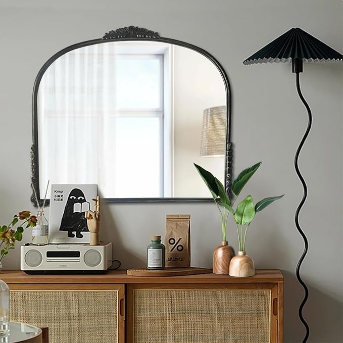 OUSHUAI Black Vintage Wall Mirror,Antique Wide Mirror Decor,Arched Big Mirror for Entryway/Bathroom/Fireplace 37"X29"