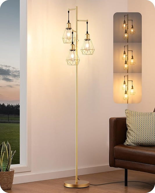 EDISHINE 70'' Dimmable Industrial Floor Lamp, Farmhouse Standing Lamps Diamond-Shaped Lampshade, 3 LED Edison Bulbs Included, Modern Rustic Floor Lamps for Living Room, Bedroom, Office, Gold