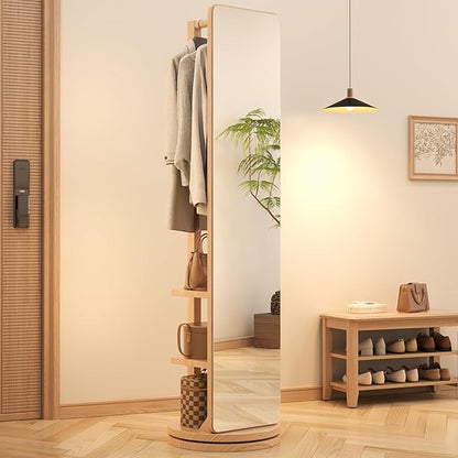 WoodsWhisper Full Length Mirror Coat Rack Solid Wood Floor Mirror 70"x16" Full Length Mirror with Stand Long Mirrors for Bedroom,Living Room (Natural, 70" L x 16" W)