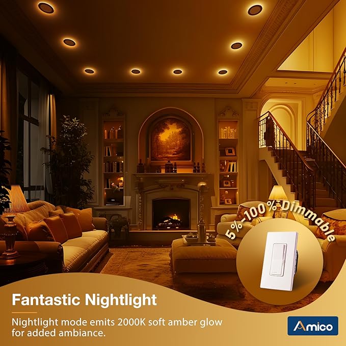 Amico 12 Pack Black 4 Inch 5CCT LED Recessed Ceiling Light with Night Light, 2700K/3000K/3500K/4000K/5000K Selectable Ultra-Thin Lighting, 10W=90W, 700LM, Dimmable Canless Wafer Downlight - ETL&FCC