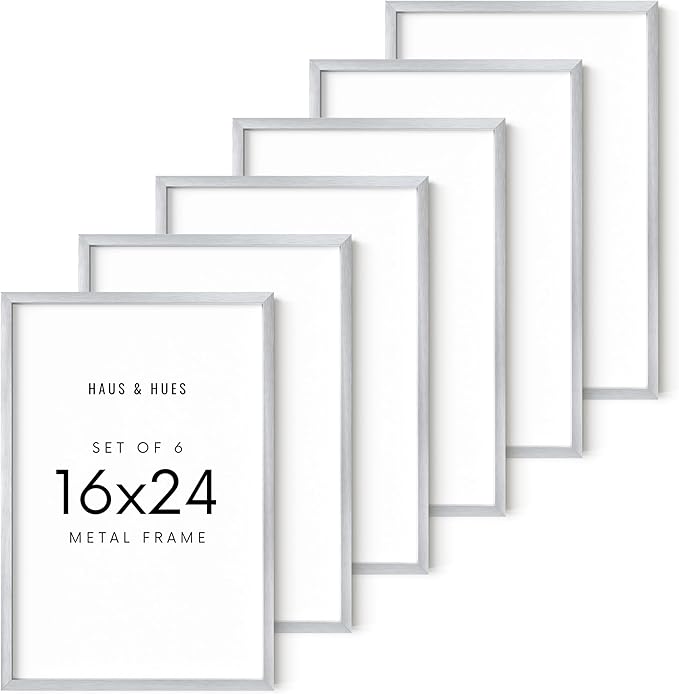 HAUS AND HUES 16x24 Silver Metal Picture Frames - Premium Aluminum with Vertical & Horizontal Hanging, Shatterproof Plexiglass - Perfect for Home or Office (16x24 in, Silver, Set of 6)