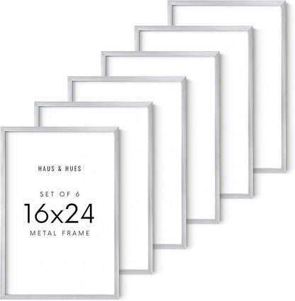 HAUS AND HUES 16x24 Silver Metal Picture Frames - Premium Aluminum with Vertical & Horizontal Hanging, Shatterproof Plexiglass - Perfect for Home or Office (16x24 in, Silver, Set of 6)