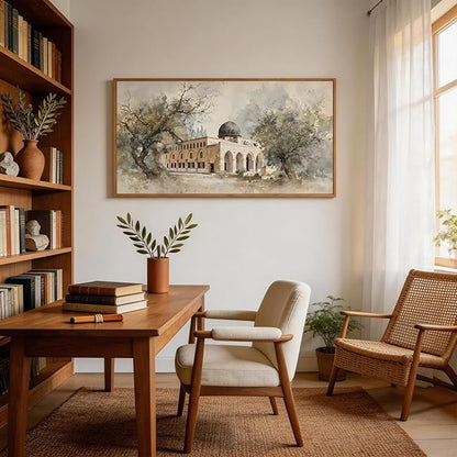 CHDITB Jerusalem Palestine Al Aqsa Mosque with Olive Trees Wall Art Framed, Neutral Modern Middle Eastern Arabic Muslim Gift Canvas Artwork, Large Vintage Islamic Masjid Architecture Painting Decor for Living Room Office (40"L x 20"W)