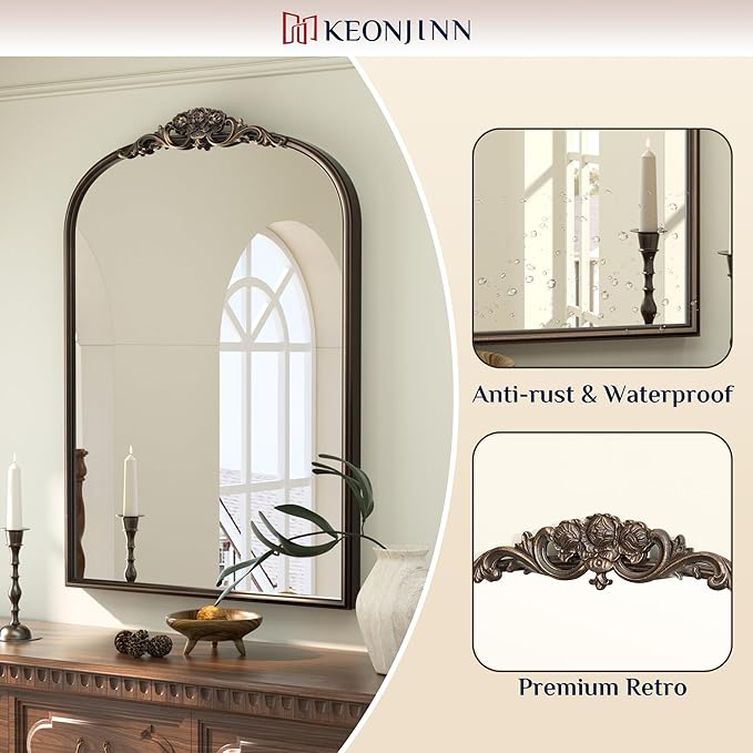 Keonjinn Vintage Mirror for Wall, 24" x 36" Bronze Antique Mirrors with Metal Frame, Baroque Style Decoration for Mantle, Bathroom, Living Room, Fireplace, Bedroom, French Cleat Mounting
