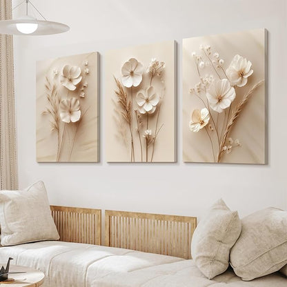 GELDSTEI Neutral Simple Beige Floral Canvas Wall Art, Modern Minimalist Botanical Wall Decor, Vintage Beige Flower Poster Prints for Living Room Bedroom Farmhouse Framed Set of 3, Each 16x24 Inch