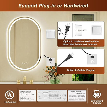 24x40 Inch Oval Gold Framed LED Bathroom Mirror with Lights,Smart Bathroom Mirror,Motion Sensor,Tempered Glass,Anti-Fog,Stepless Dimmable & 3 Colors,Memory,Vanity Mirror for Wall
