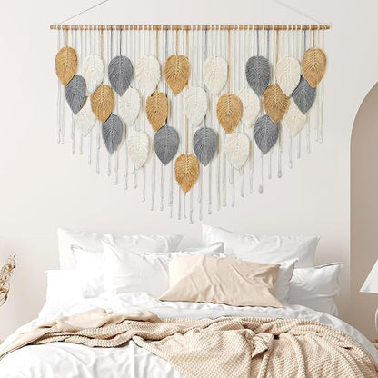KHOYIME Large Macrame Wall Hanging Boho Woven Tapestry, Chic Modern Home Decor Bohemian Farmhouse Handmade Leaf Feather Wall Art Decorations for Living Room Bedroom Nursery Dorm Backdrop 51.5"W X 33.5"L
