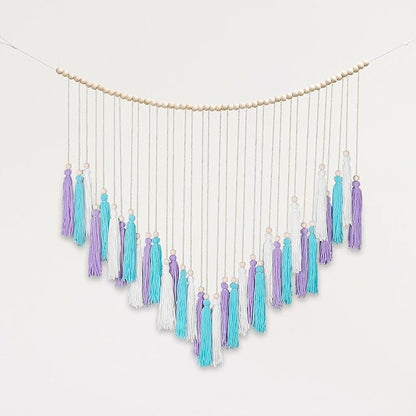 Purple & Blue Macrame Wall Hanging Boho Home Decor, Mermaid Theme Under the Sea Ocean Bedroom Décor Living Room Bohemian Dorm Wall Décor Purple Tassel Pink Wall Décor