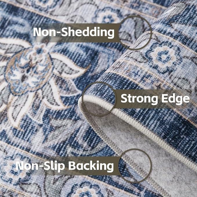 8x10 Area Rugs Grey and Blue Washable Rug for Living Room, Dining Room, Bedroom, Large Carpets, Non Slip & Non-Shedding Low Pile Vintage Print Rug for Home Office Decor