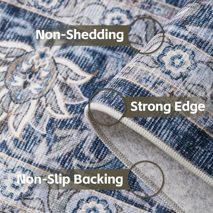 5x7 Area Rugs Grey and Blue Washable Rug for Living Room, Dining Room, Bedroom, Large Carpets, Non Slip & Non-Shedding Low Pile Vintage Print Rug for Home Office Decor