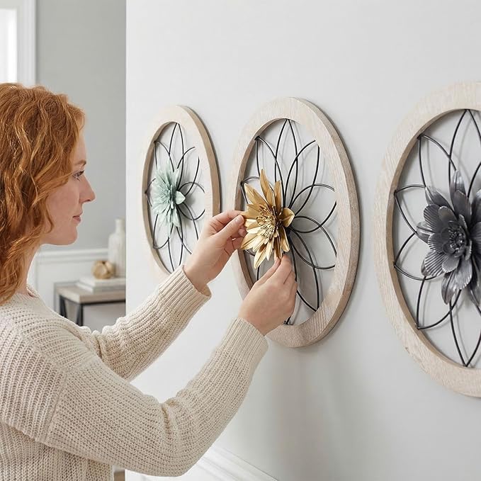 AIM & GGKK 3 Piece Round Farmhouse Wall Decor Set with Interchangeable Metal Flower, 12 Inch Rustic Wall Art for Living Room, Kitchen, Dining Room, Bedroom Modern Farmhouse Style