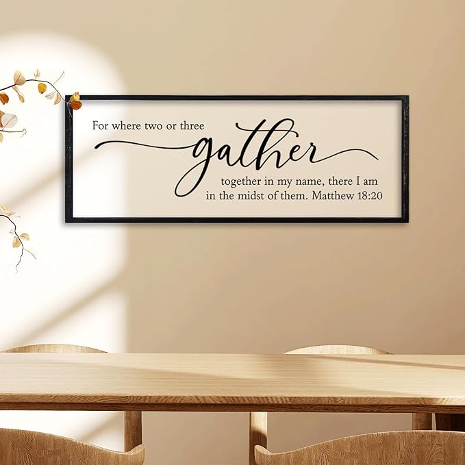 comurdyo Dining Room Wall Decor For Where Two Or Three Gather Sign 32X12 Inch Bible Verse Prayer Matthew 18:20 for Large Modern Farmhouse Simple kitchen Wooden Framed Plaque Hanging Art (Black)